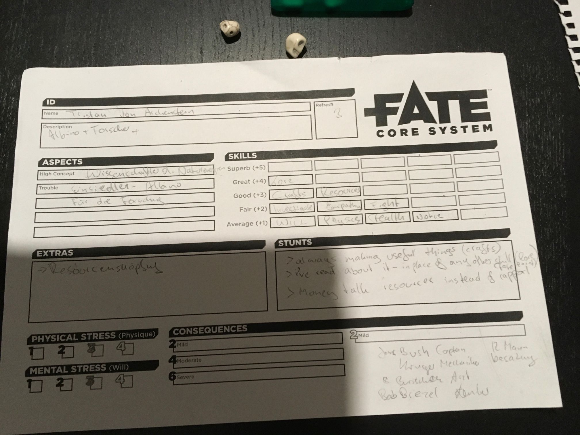 Tristans Character Sheet (zum Vergrößern klicken) Tristans Character Sheet (zum Vergrößern klicken)